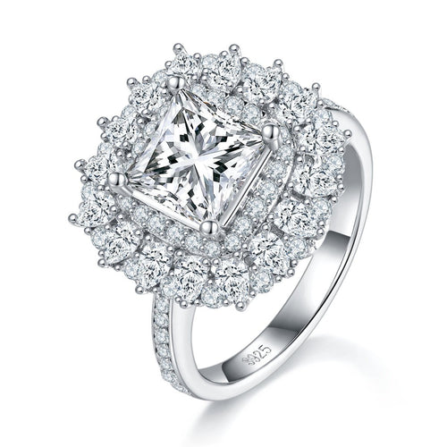 Bague Moissanite 2ct Princesse S925 Argent Double Halo D-VVS1 Platine US5-9,5.8g - IVOIRART.COM
