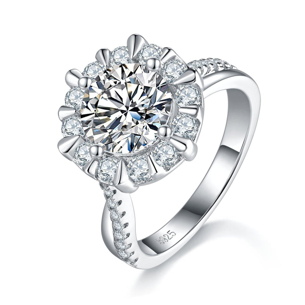 Bague Moissanite 2ct S925 argent plaqué platine halo tournesol 8mm D-VVS1 GRA+. - IVOIRART.COM