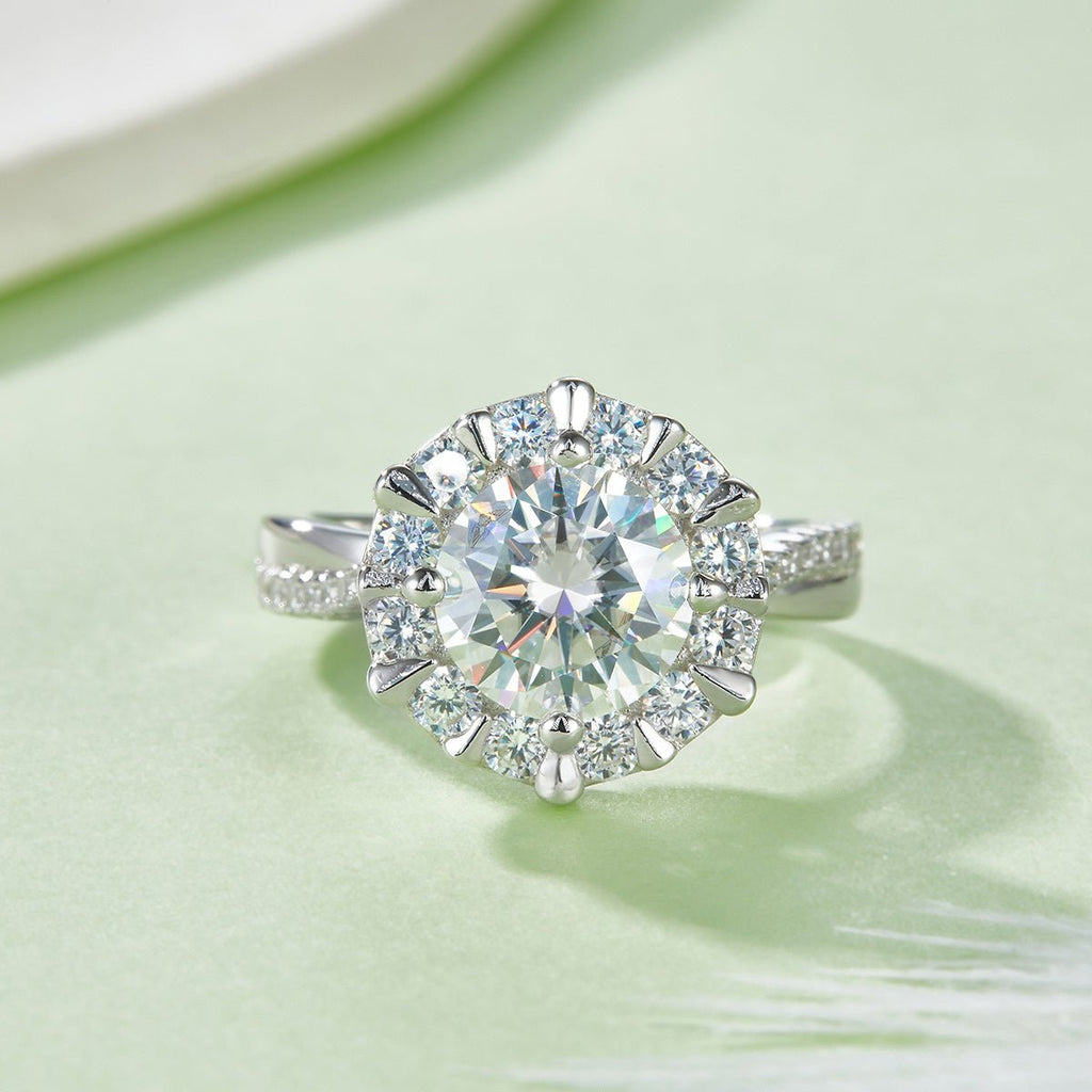 Bague Moissanite 2ct S925 argent plaqué platine halo tournesol 8mm D-VVS1 GRA+. - IVOIRART.COM