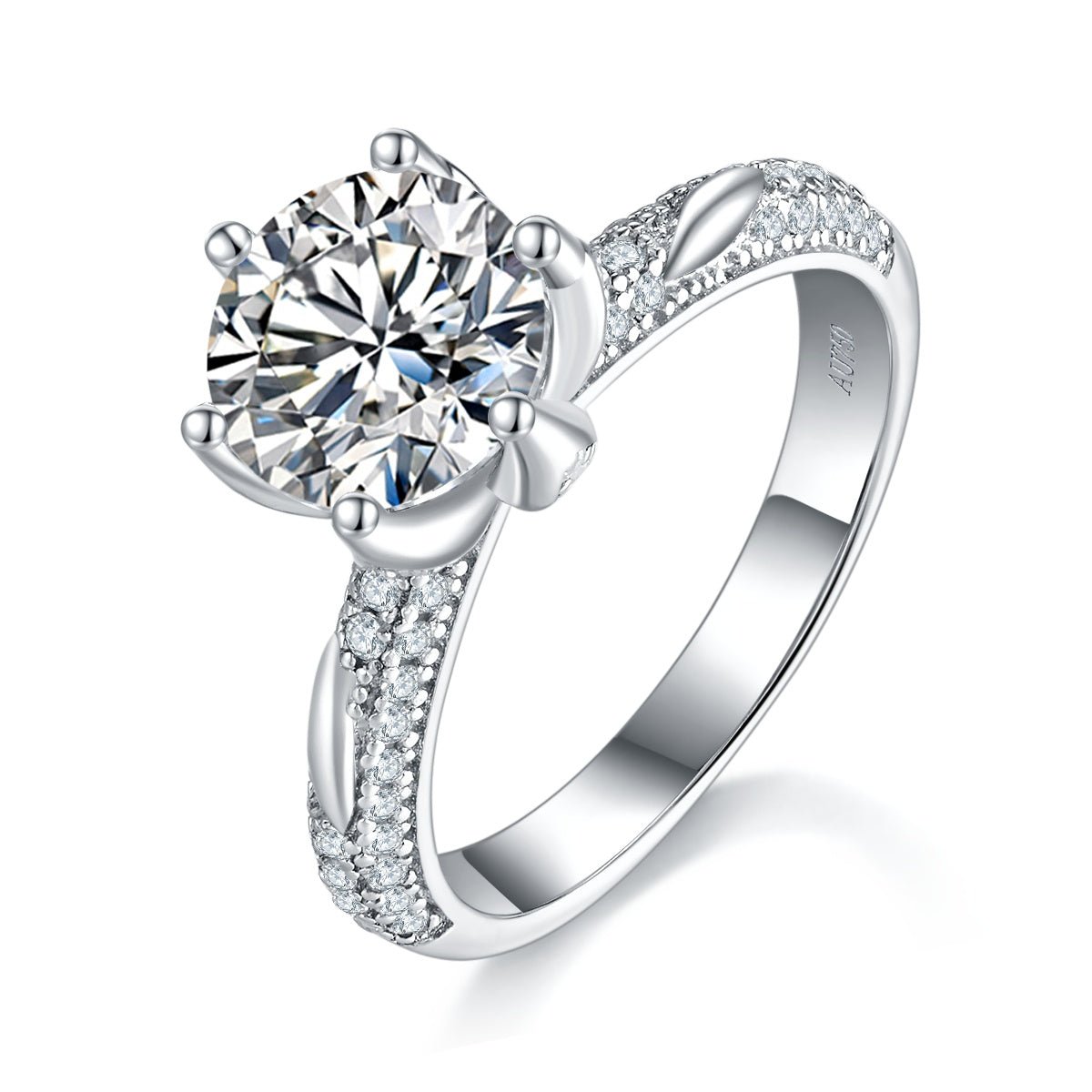 Bague Moissanite 2ct S925 Argent Sterling 8mm D-VVS1 6-Griffes Pave Platine +GRA - IVOIRART.COM