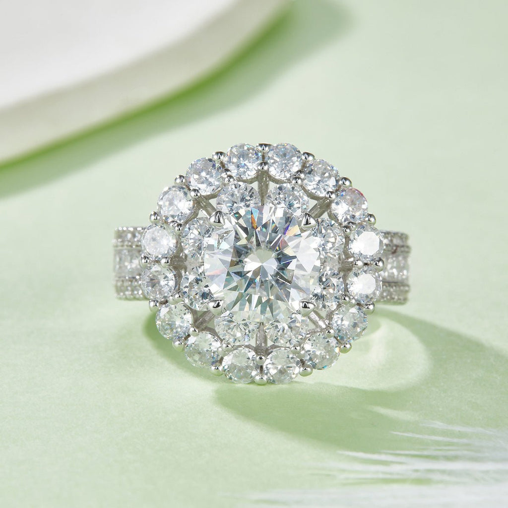 Bague Moissanite 2ct S925 Argent Sterling 8mm D-VVS1 Double Halo Plaqué Platine. - IVOIRART.COM
