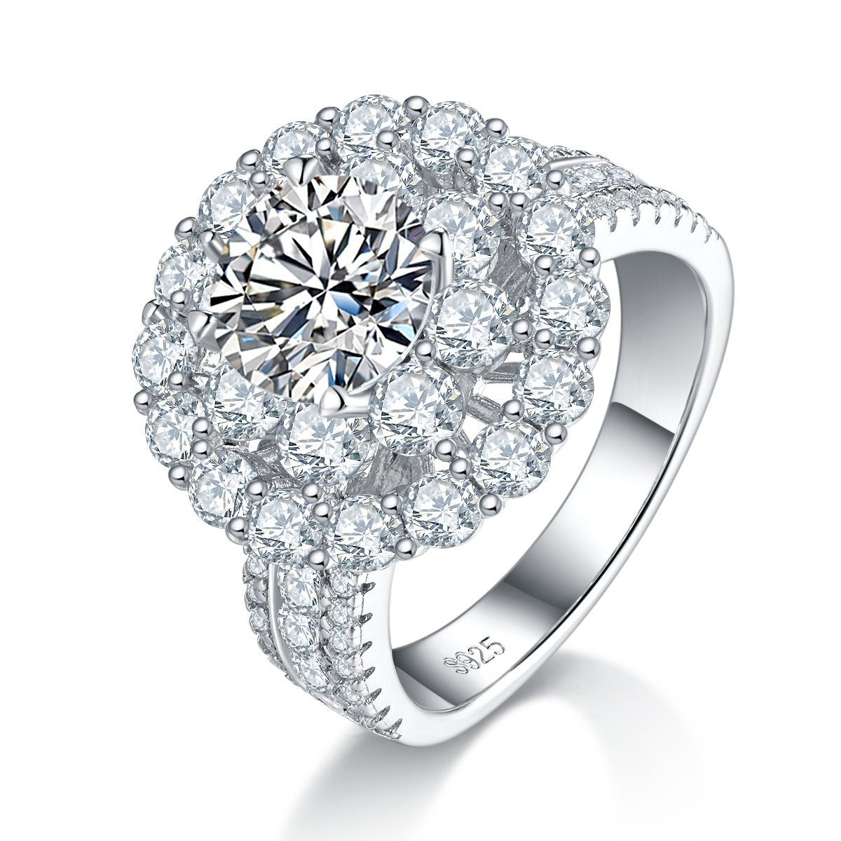 Bague Moissanite 2ct S925 Argent Sterling 8mm D-VVS1 Double Halo Plaqué Platine. - IVOIRART.COM