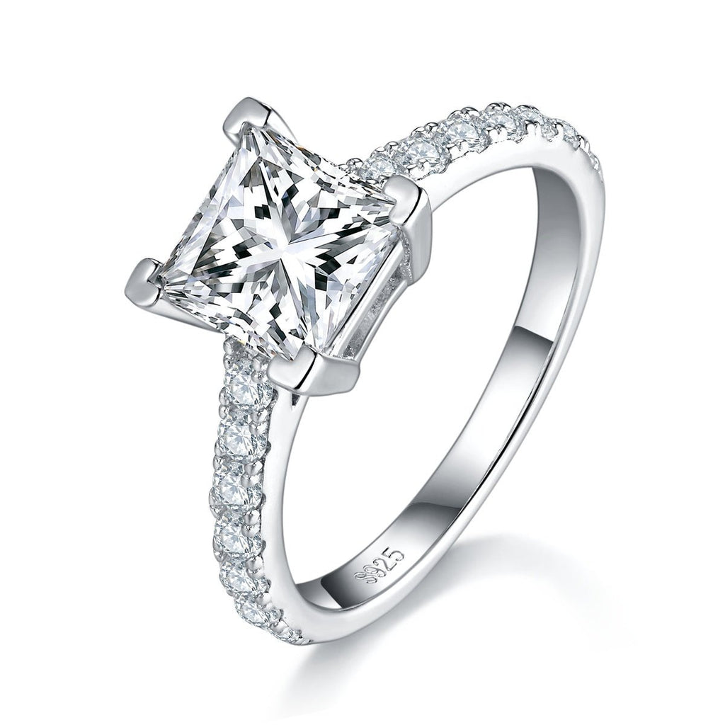Bague Moissanite 2ct taille princesse 7x7mm S925 argent plaquée platine GRA boîte - IVOIRART.COM