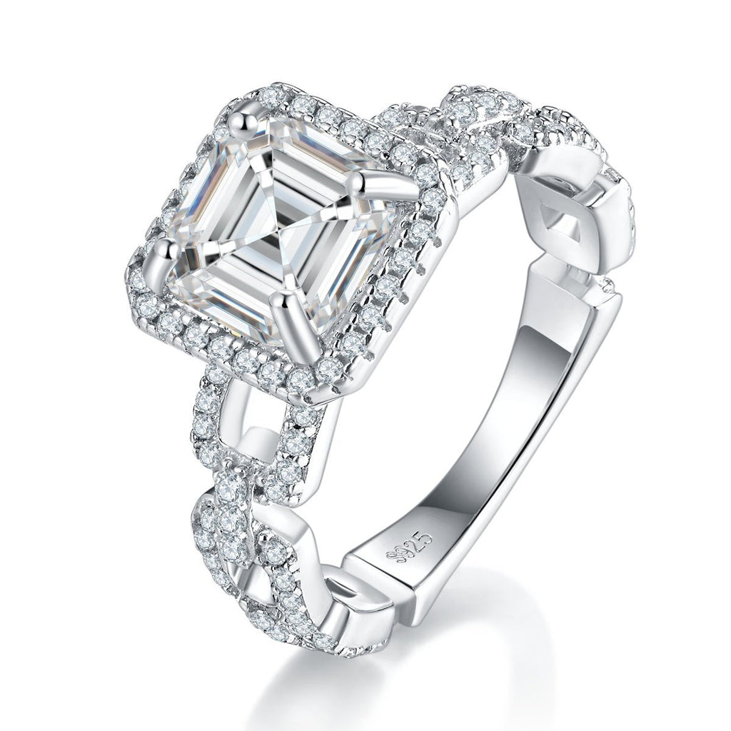 Bague Moissanite Asscher 2,5 ct S925 Argenté Sterling Halo Pavé Bande Chaîne GRA! - IVOIRART.COM