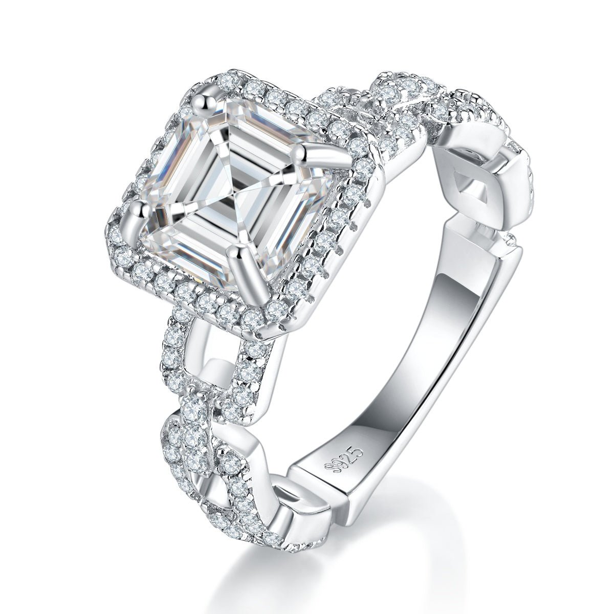 Bague Moissanite Asscher 2,5 ct S925 Argenté Sterling Halo Pavé Bande Chaîne GRA! - IVOIRART.COM