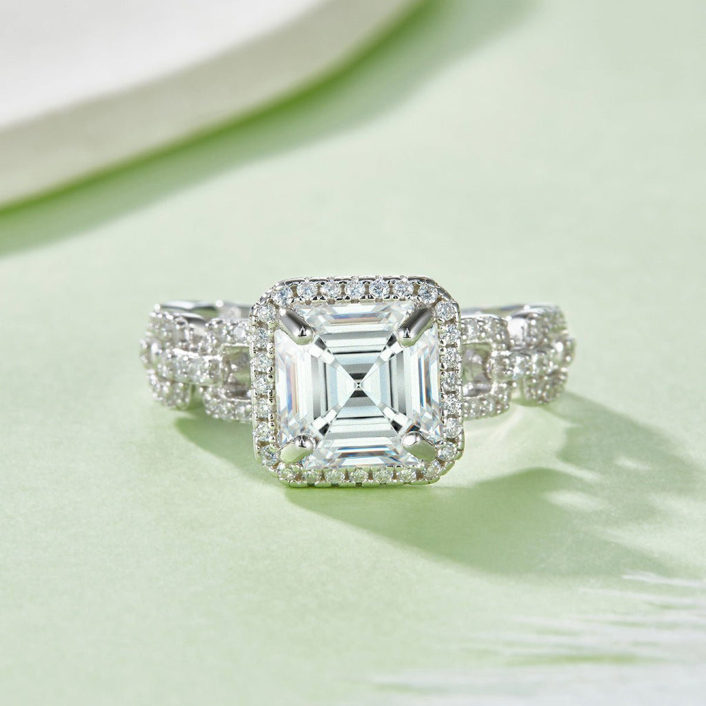 Bague Moissanite Asscher 2,5 ct S925 Argenté Sterling Halo Pavé Bande Chaîne GRA! - IVOIRART.COM