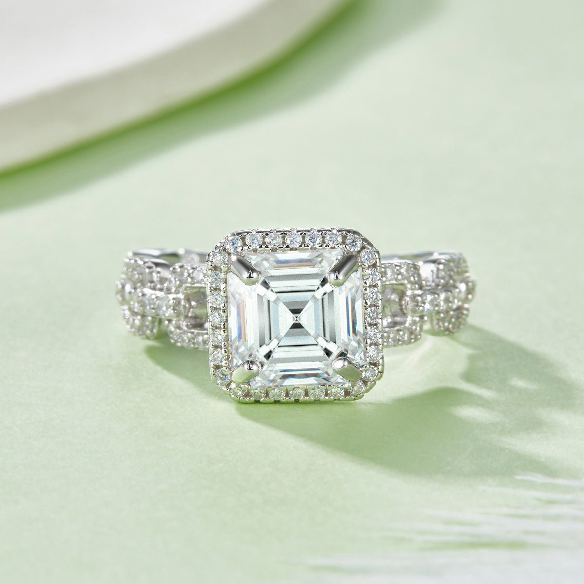 Bague Moissanite Asscher 2,5 ct S925 Argenté Sterling Halo Pavé Bande Chaîne GRA! - IVOIRART.COM