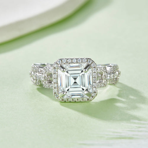 Bague Moissanite Asscher 2,5 ct S925 Argenté Sterling Halo Pavé Bande Chaîne GRA! - IVOIRART.COM