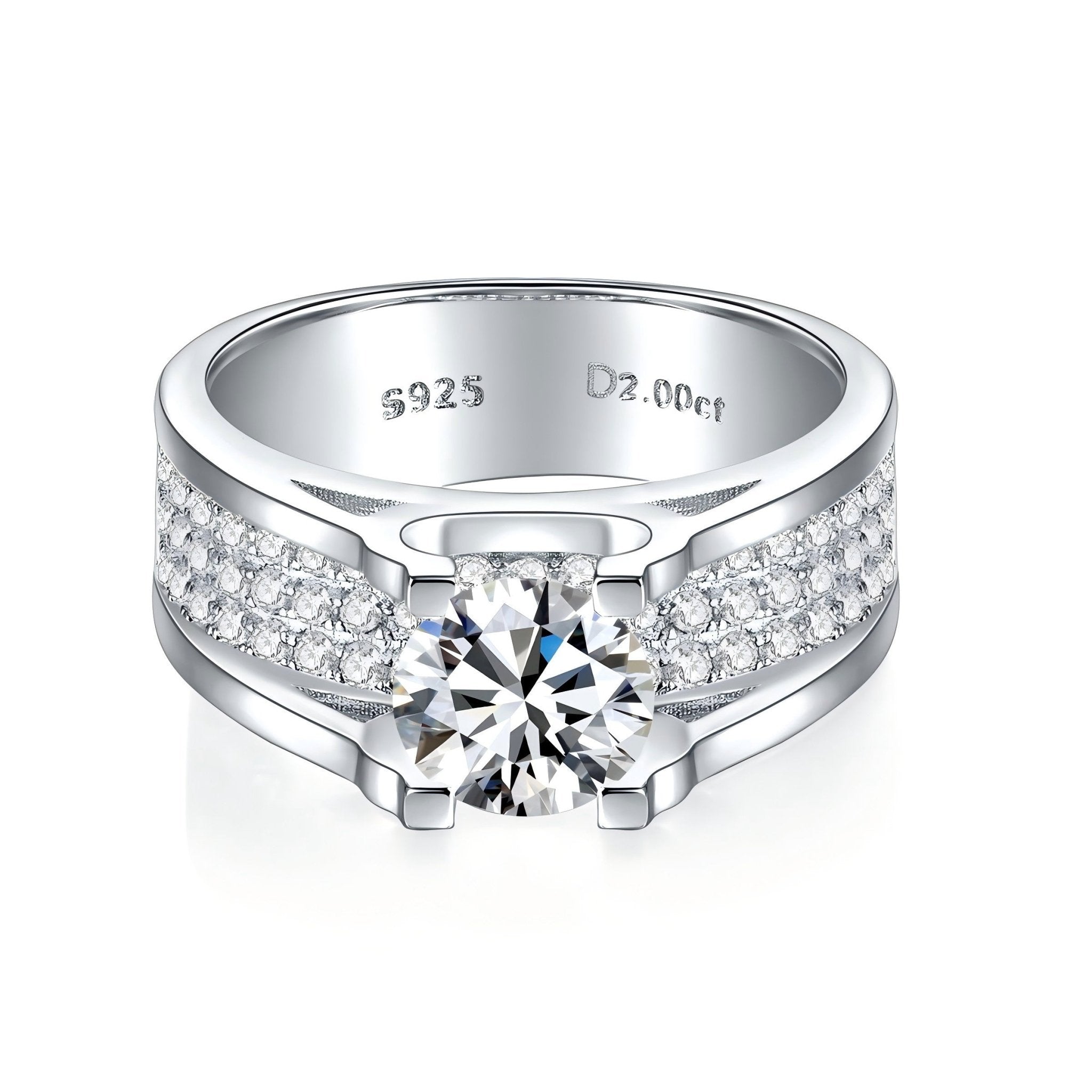 Bague Moissanite S925 large, 1/2ct D-VVS1, shank fendu pavé, plaqué platine, 5-9. - IVOIRART.COM