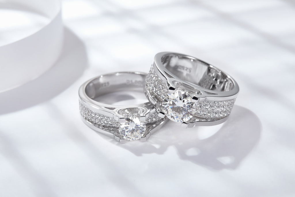 Bague Moissanite S925 large, 1/2ct D-VVS1, shank fendu pavé, plaqué platine, 5-9. - IVOIRART.COM