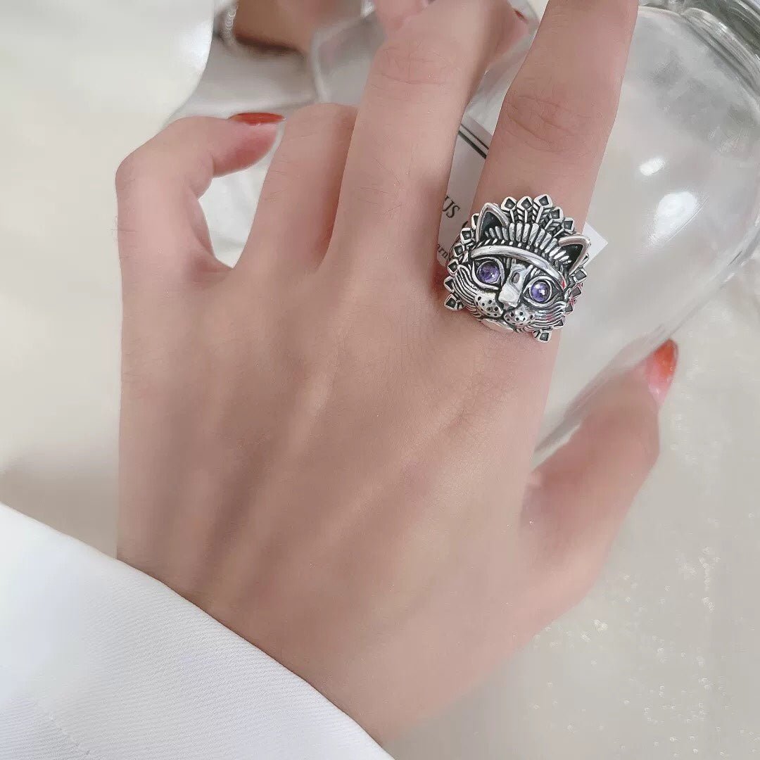 Bague Ouverte Chat Tribal en Argent 925, Style Rétro Bohème, Pour Tenues Quotidiennes et Décontractées - IVOIRART.COM