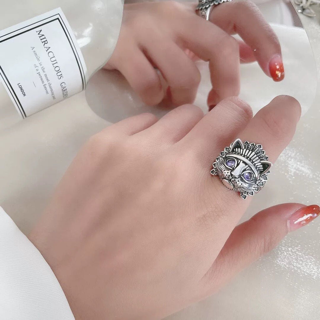 Bague Ouverte Chat Tribal en Argent 925, Style Rétro Bohème, Pour Tenues Quotidiennes et Décontractées - IVOIRART.COM