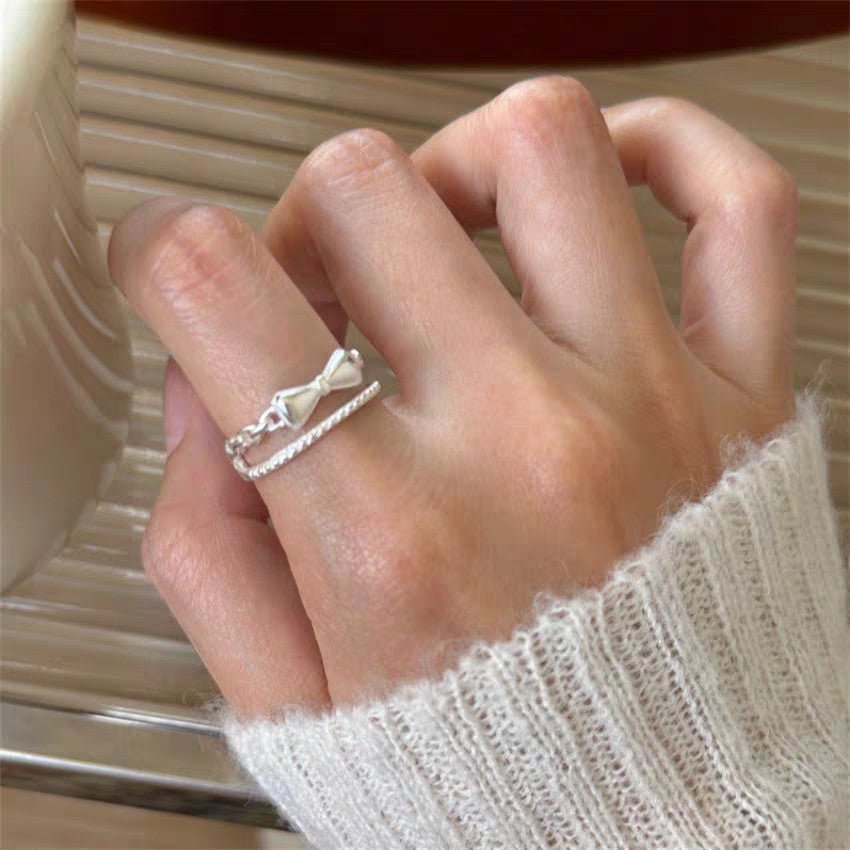Bague Ouverte Double Couches en Argent Sterling 999, Noeud Élégant et Doux, Idéale Quotidien, Rendez-vous et Cadeau, Parfaite Pour la Saint-Valentin - IVOIRART.COM