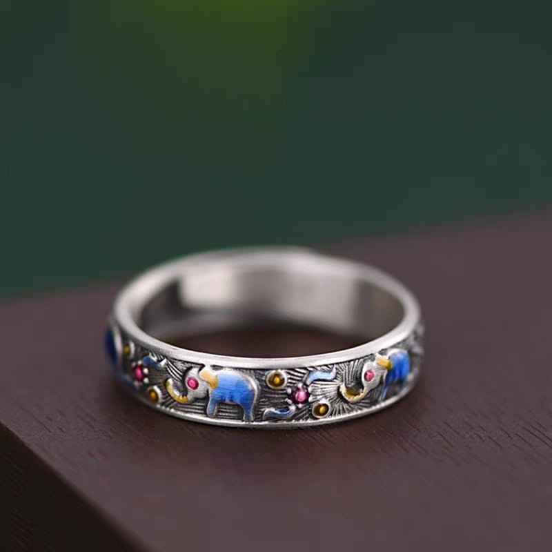 Bague Ouverte Éléphant Émaillée en Argent Sterling 999, Style Ethnique Rétro, Parfaite pour le Quotidien et Cadeau Saint-Valentin - IVOIRART.COM
