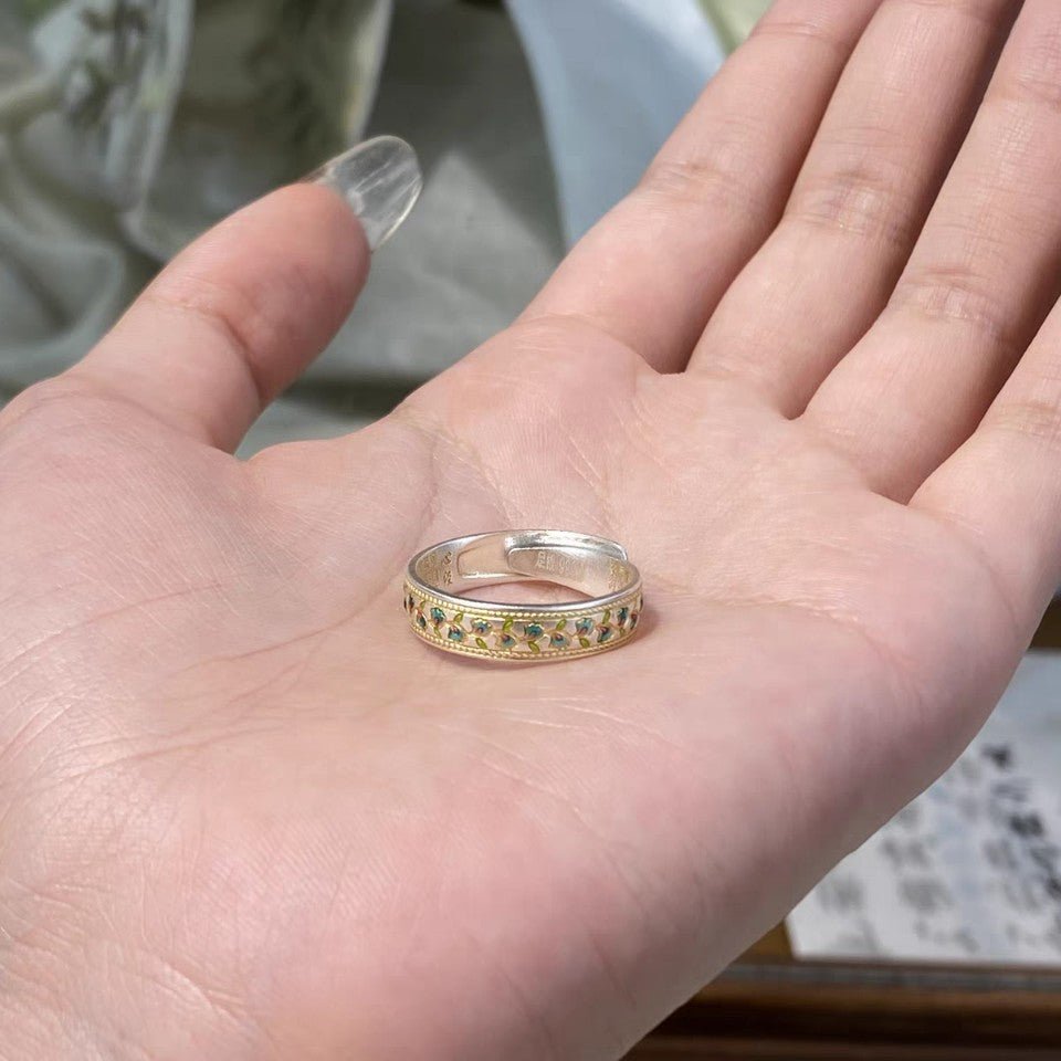 Bague ouverte en émail Lys des Vallées en argent sterling 999, style chinois rétro, idéale pour port quotidien et cadeau Saint-Valentin - IVOIRART.COM