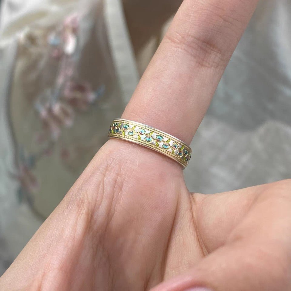 Bague ouverte en émail Lys des Vallées en argent sterling 999, style chinois rétro, idéale pour port quotidien et cadeau Saint-Valentin - IVOIRART.COM