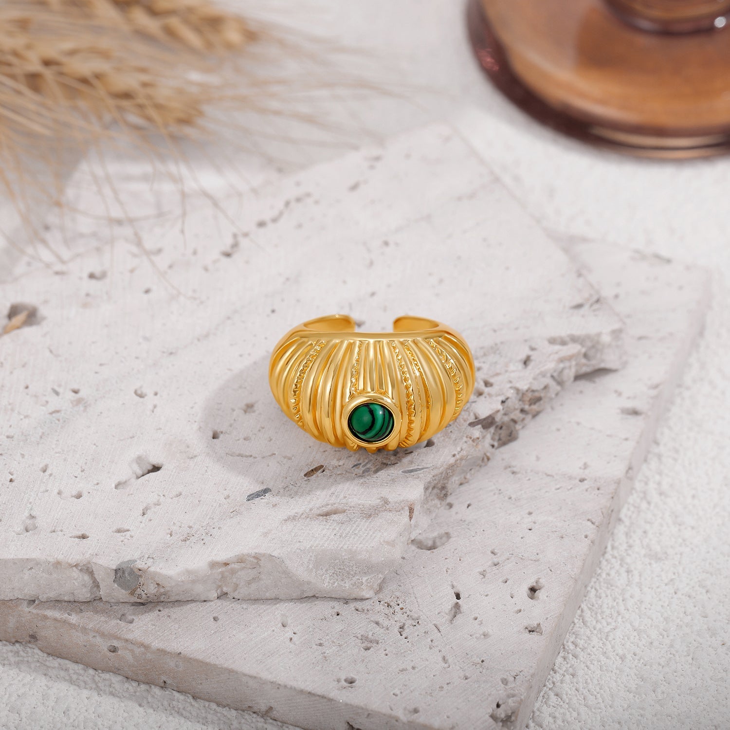 Bague ouverte en malachite plaquée or 18K pour femmes-design géométrique unisexe - IVOIRART.COM