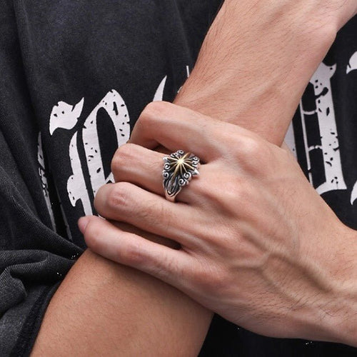 Bague ouverte étoile bicolore en argent sterling 925, style biker rétro, portée quotidienne - IVOIRART.COM