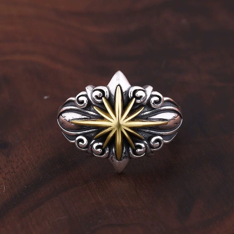 Bague ouverte étoile bicolore en argent sterling 925, style biker rétro, portée quotidienne - IVOIRART.COM