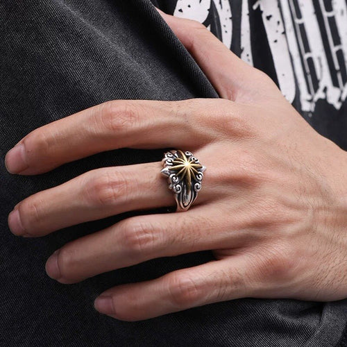 Bague ouverte étoile bicolore en argent sterling 925, style biker rétro, portée quotidienne - IVOIRART.COM