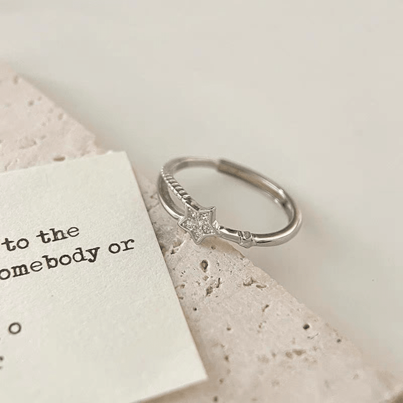 Bague ouverte étoile en argent sterling 999 avec zircon, style doux et minimaliste, idéale pour tous les jours, les rencontres et offrir, cadeau parfait de la Saint-Valentin - IVOIRART.COM