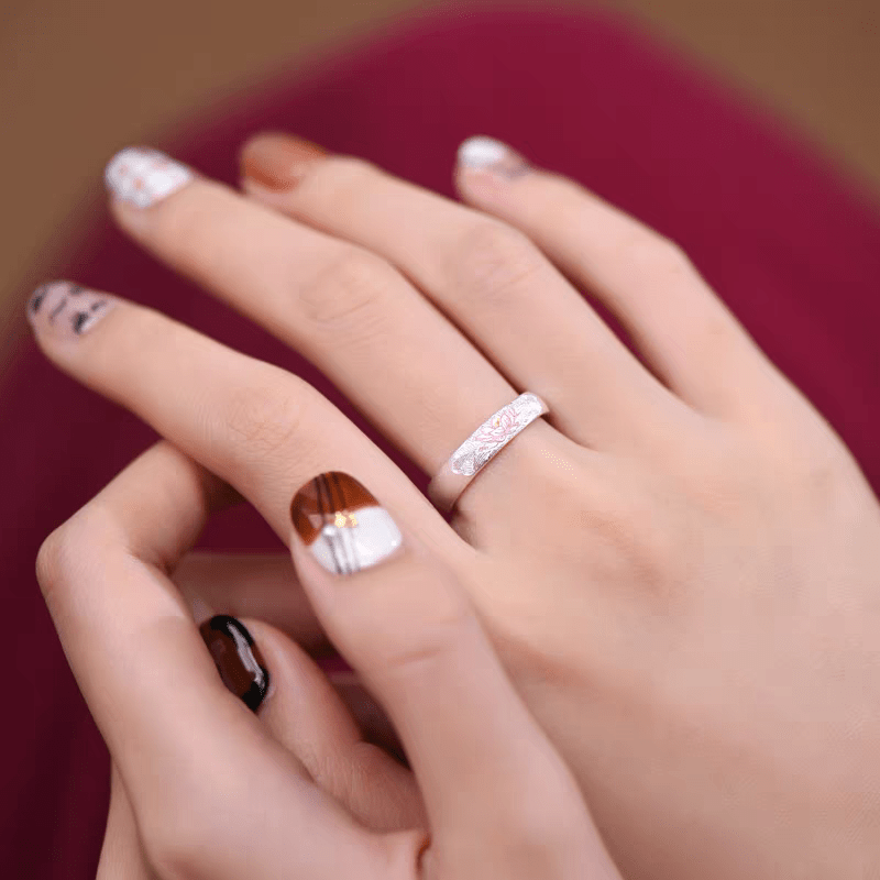 Bague Ouverte Lotus Peinte en Argent Sterling 999, Style Chinois Frais, Idéale Quotidien, Rendez-vous & Cadeau, Parfaite pour la Saint-Valentin - IVOIRART.COM