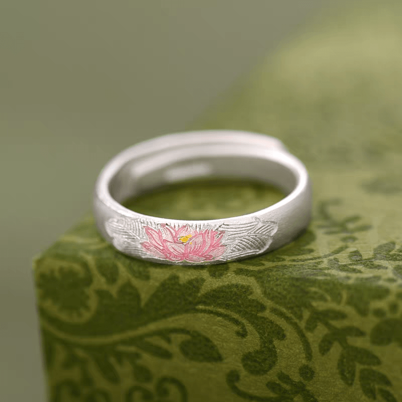 Bague Ouverte Lotus Peinte en Argent Sterling 999, Style Chinois Frais, Idéale Quotidien, Rendez-vous & Cadeau, Parfaite pour la Saint-Valentin - IVOIRART.COM
