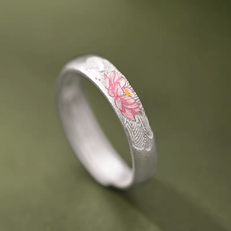 Bague Ouverte Lotus Peinte en Argent Sterling 999, Style Chinois Frais, Idéale Quotidien, Rendez-vous & Cadeau, Parfaite pour la Saint-Valentin - IVOIRART.COM