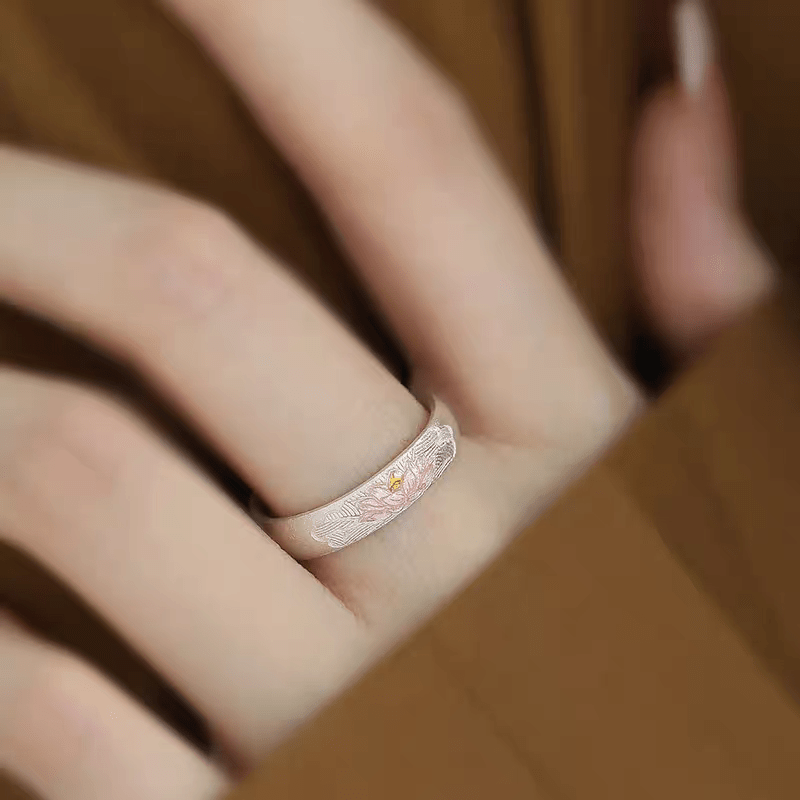 Bague Ouverte Lotus Peinte en Argent Sterling 999, Style Chinois Frais, Idéale Quotidien, Rendez-vous & Cadeau, Parfaite pour la Saint-Valentin - IVOIRART.COM