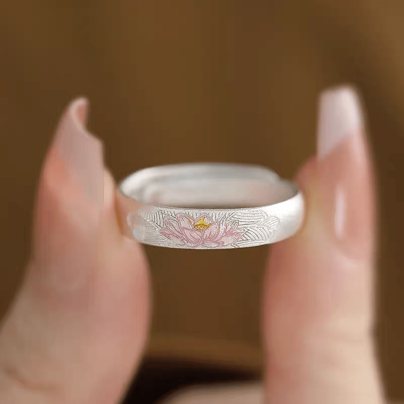 Bague Ouverte Lotus Peinte en Argent Sterling 999, Style Chinois Frais, Idéale Quotidien, Rendez-vous & Cadeau, Parfaite pour la Saint-Valentin - IVOIRART.COM