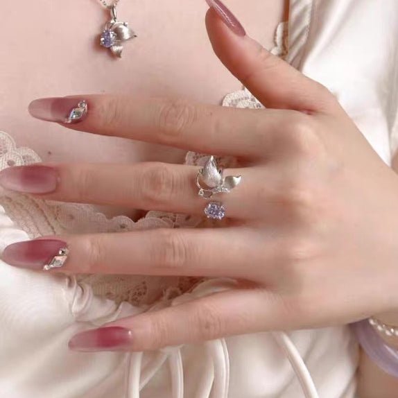 Bague Ouverte Papillon en Argent Sterling 999 avec Zircon Violet, Style Doux et Élégant, Parfaite pour Tous les Jours, Rendez-vous et Cadeaux, Idéal pour la Saint-Valentin - IVOIRART.COM