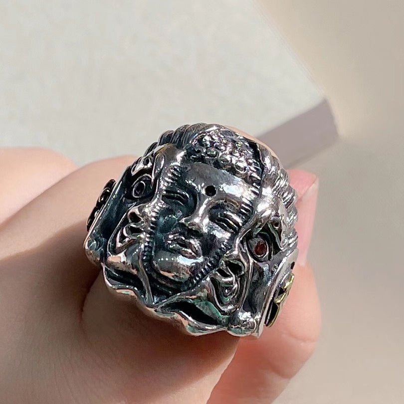 Bague Ouverte Rétro Visage Yin - Yang en Argent Sterling 990, Style Gothique Audacieux, Pour Tenues Quotidiennes et Streetwear - IVOIRART.COM