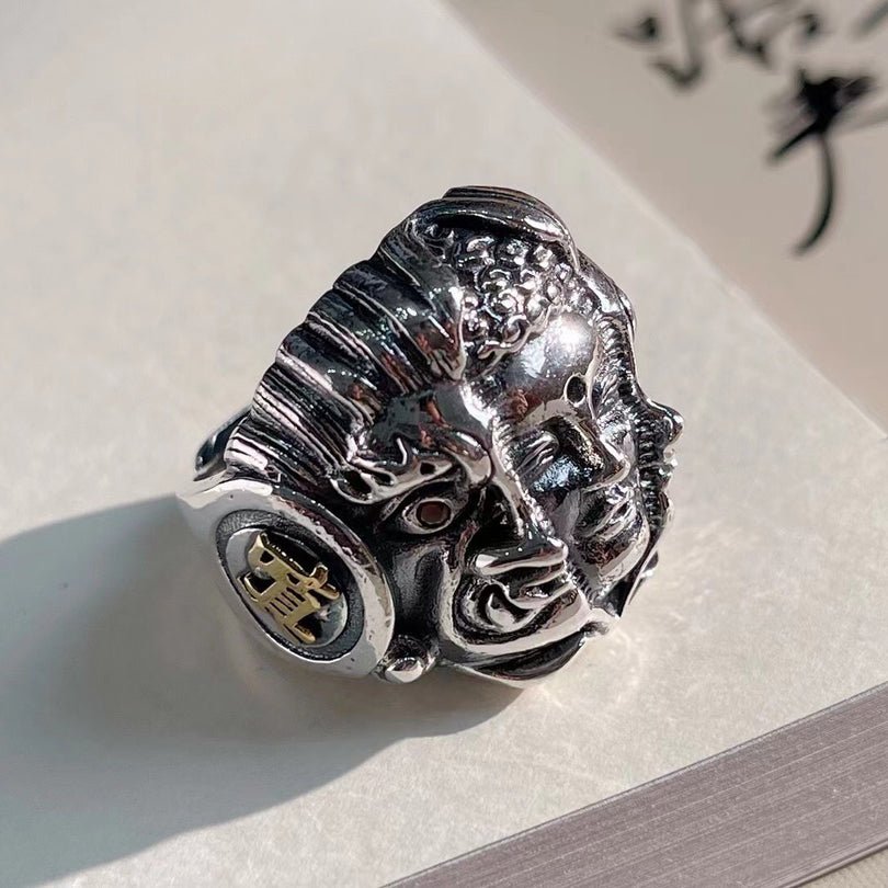 Bague Ouverte Rétro Visage Yin - Yang en Argent Sterling 990, Style Gothique Audacieux, Pour Tenues Quotidiennes et Streetwear - IVOIRART.COM