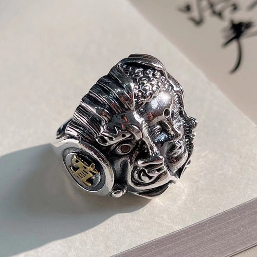 Bague Ouverte Rétro Visage Yin - Yang en Argent Sterling 990, Style Gothique Audacieux, Pour Tenues Quotidiennes et Streetwear - IVOIRART.COM