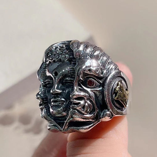 Bague Ouverte Rétro Visage Yin - Yang en Argent Sterling 990, Style Gothique Audacieux, Pour Tenues Quotidiennes et Streetwear - IVOIRART.COM