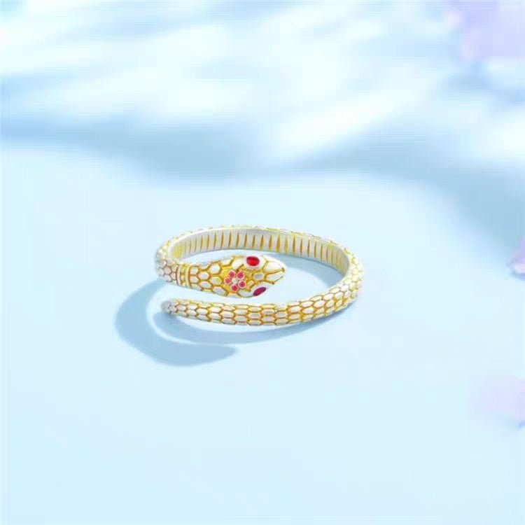 Bague Ouverte Serpent Fleur de Pêcher Émaillée Or massif 999 Argent Sterling, Élégance Rétro, Parfaite Quotidien, Rendez-vous et Cadeau, Idéal Saint-Valentin - IVOIRART.COM
