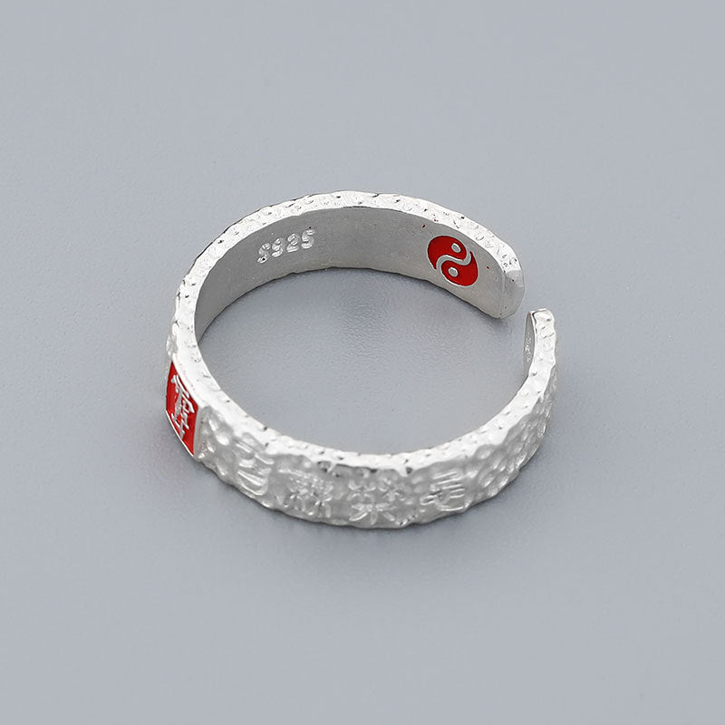 Bague Ouverte Taoïste en Argent Sterling S925 avec Cinabre, Talisman Sculpté Original, Style Ethnique Rétro - IVOIRART.COM
