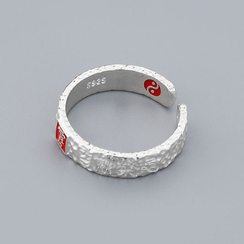 Bague Ouverte Taoïste en Argent Sterling S925 avec Cinabre, Talisman Sculpté Original, Style Ethnique Rétro - IVOIRART.COM