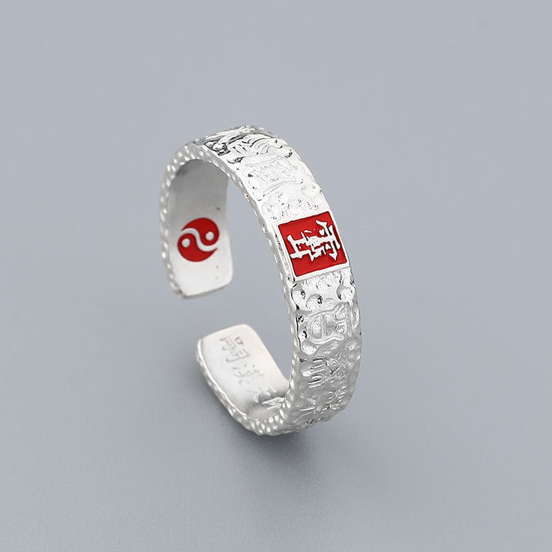 Bague Ouverte Taoïste en Argent Sterling S925 avec Cinabre, Talisman Sculpté Original, Style Ethnique Rétro - IVOIRART.COM