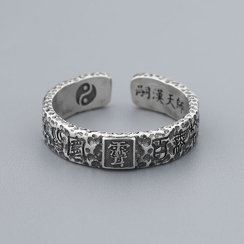Bague Ouverte Taoïste en Argent Sterling S925 avec Cinabre, Talisman Sculpté Original, Style Ethnique Rétro - IVOIRART.COM