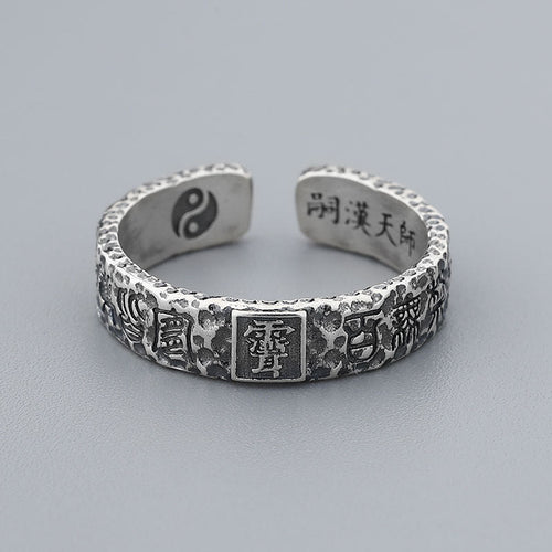 Bague Ouverte Taoïste en Argent Sterling S925 avec Cinabre, Talisman Sculpté Original, Style Ethnique Rétro - IVOIRART.COM