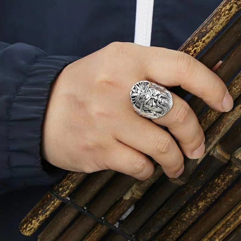Bague Ouverte Vintage Guan Gong en Argent Sterling 925, Style Masculin Audacieux, Pour Tenues Quotidiennes et Streetwear - IVOIRART.COM