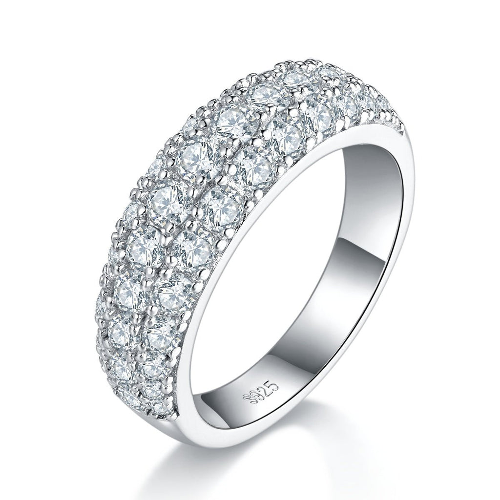 Bague Pavée Moissanite 3 Rangées S925 ArgentSterling 1,9ct D-VVS1 Plaqué Platine - IVOIRART.COM