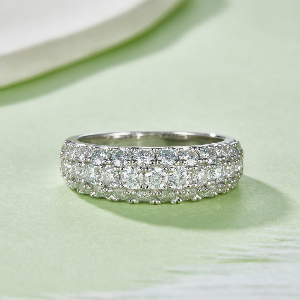 Bague Pavée Moissanite 3 Rangées S925 ArgentSterling 1,9ct D-VVS1 Plaqué Platine - IVOIRART.COM