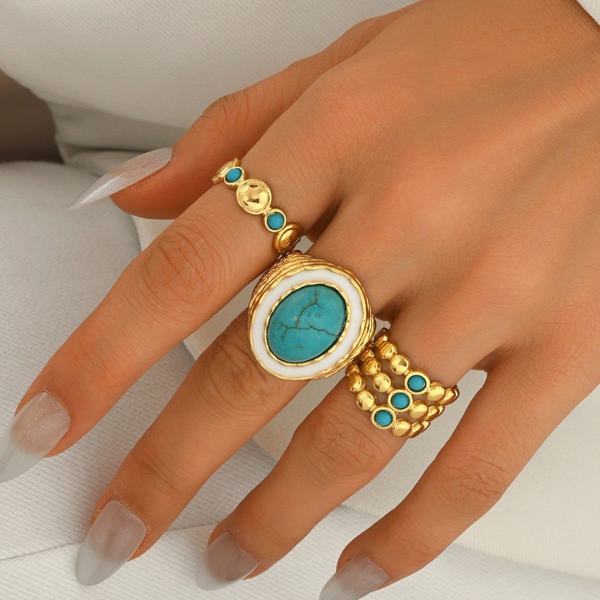 Bague pour femme vintage géométrique multicouches turquoise synthétique réglable - IVOIRART.COM