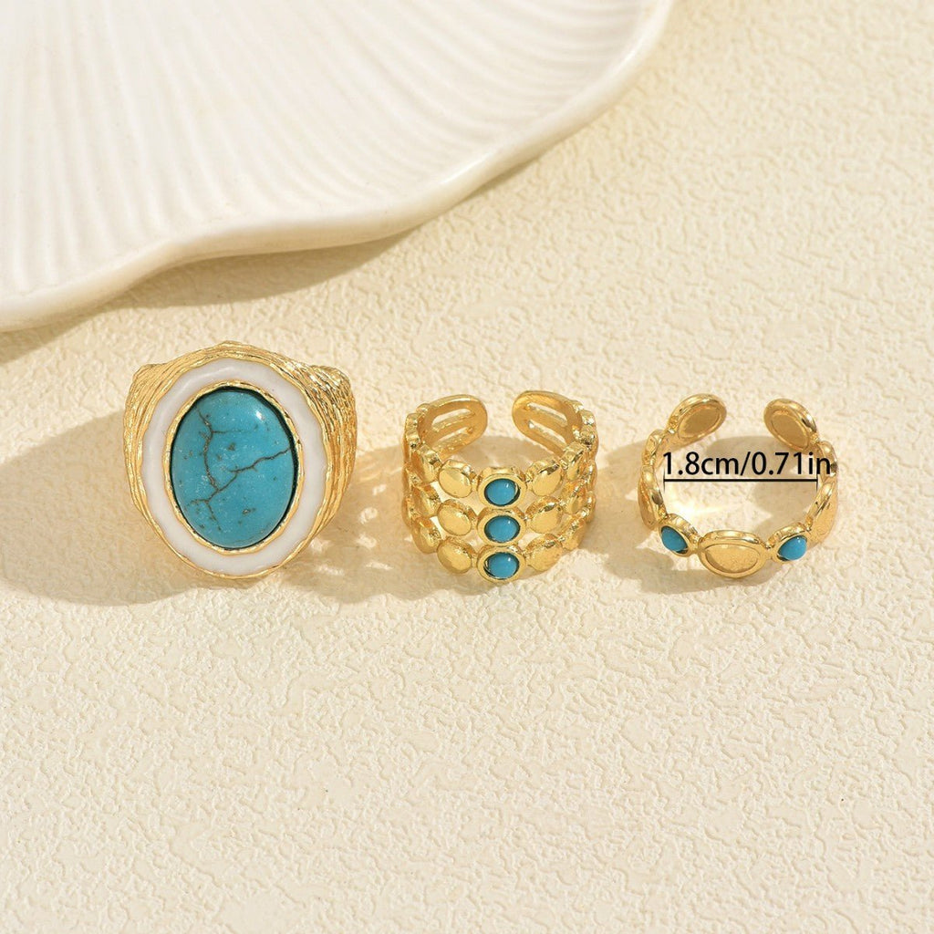 Bague pour femme vintage géométrique multicouches turquoise synthétique réglable - IVOIRART.COM