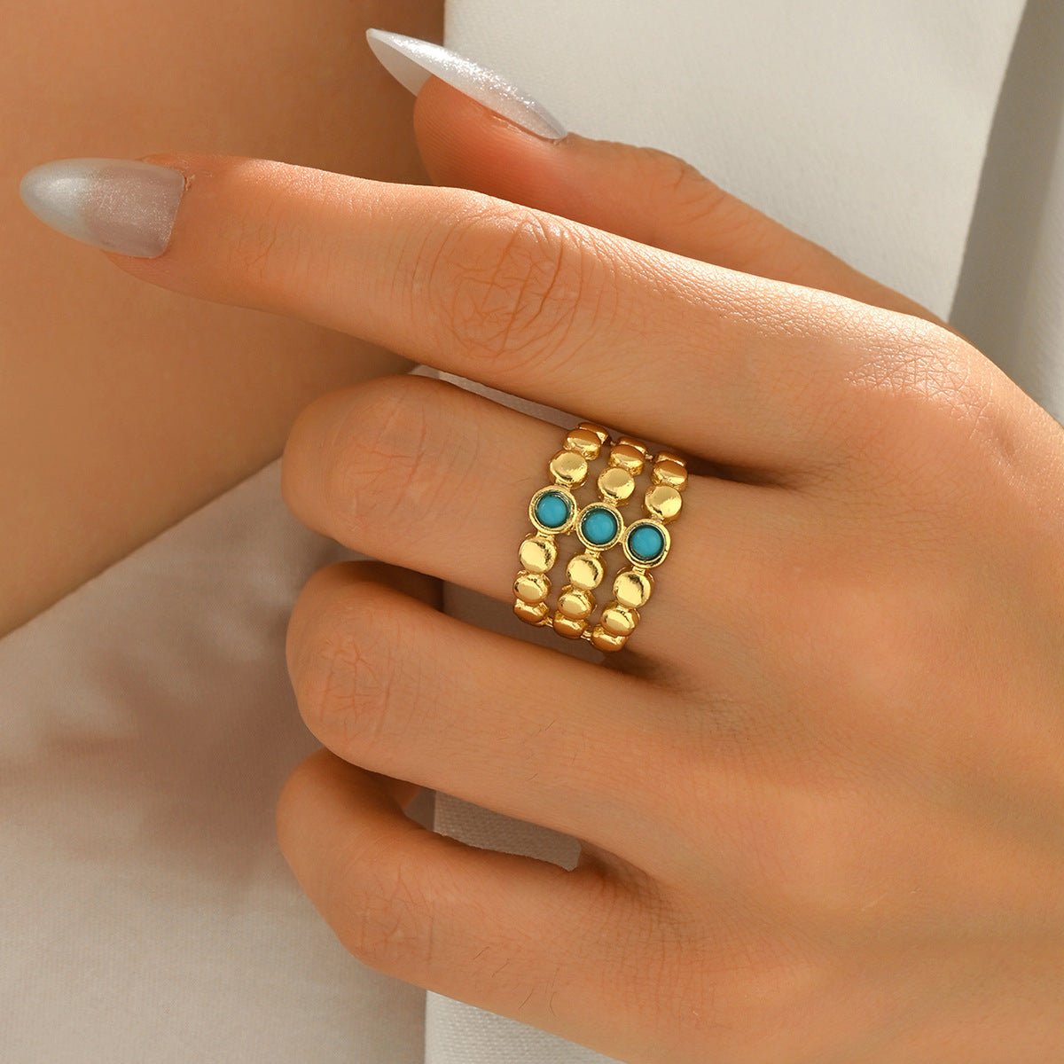 Bague pour femme vintage géométrique multicouches turquoise synthétique réglable - IVOIRART.COM