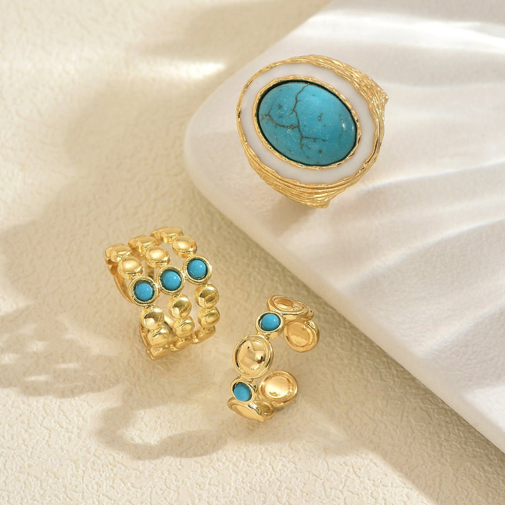 Bague pour femme vintage géométrique multicouches turquoise synthétique réglable - IVOIRART.COM