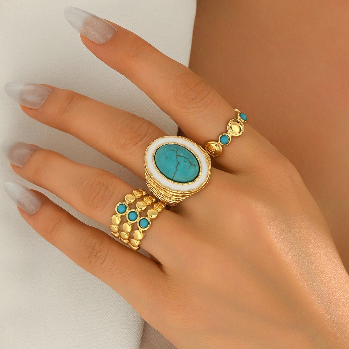 Bague pour femme vintage géométrique multicouches turquoise synthétique réglable - IVOIRART.COM