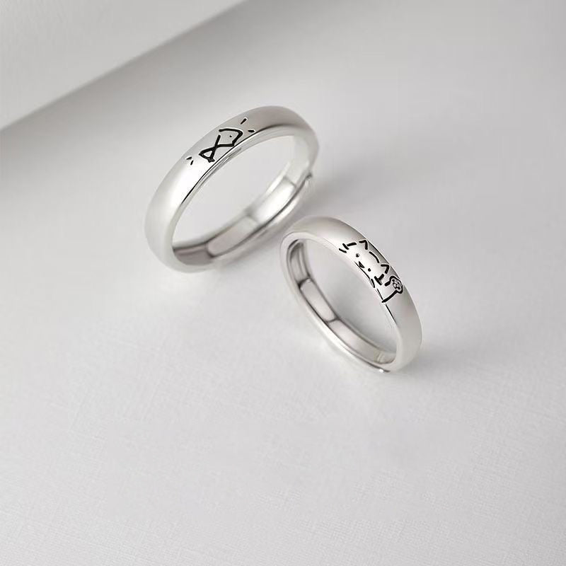 Bague Réglable en Argent 999 avec Chat et Poisson en Style Minimaliste Doux, Idéale pour Couples et Anneaux de Promesse - IVOIRART.COM